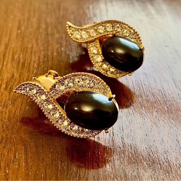 Vintage Butler Fifth Avenue Collection Earrings Black Gem With Rhinestones - Picture 1 of 9